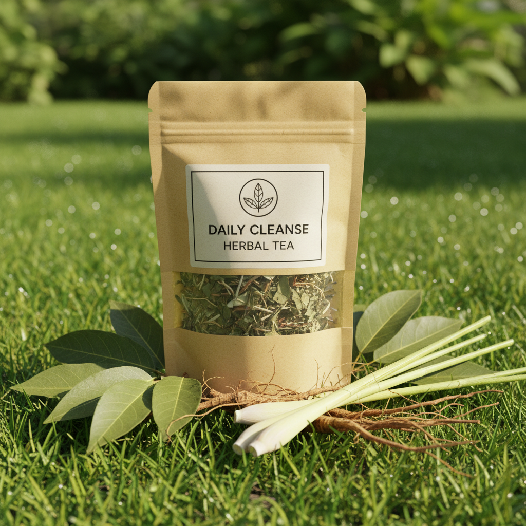 Daily Cleanse Herbal Blend pouch bag outdoors with senna leaves and yellow dock roots