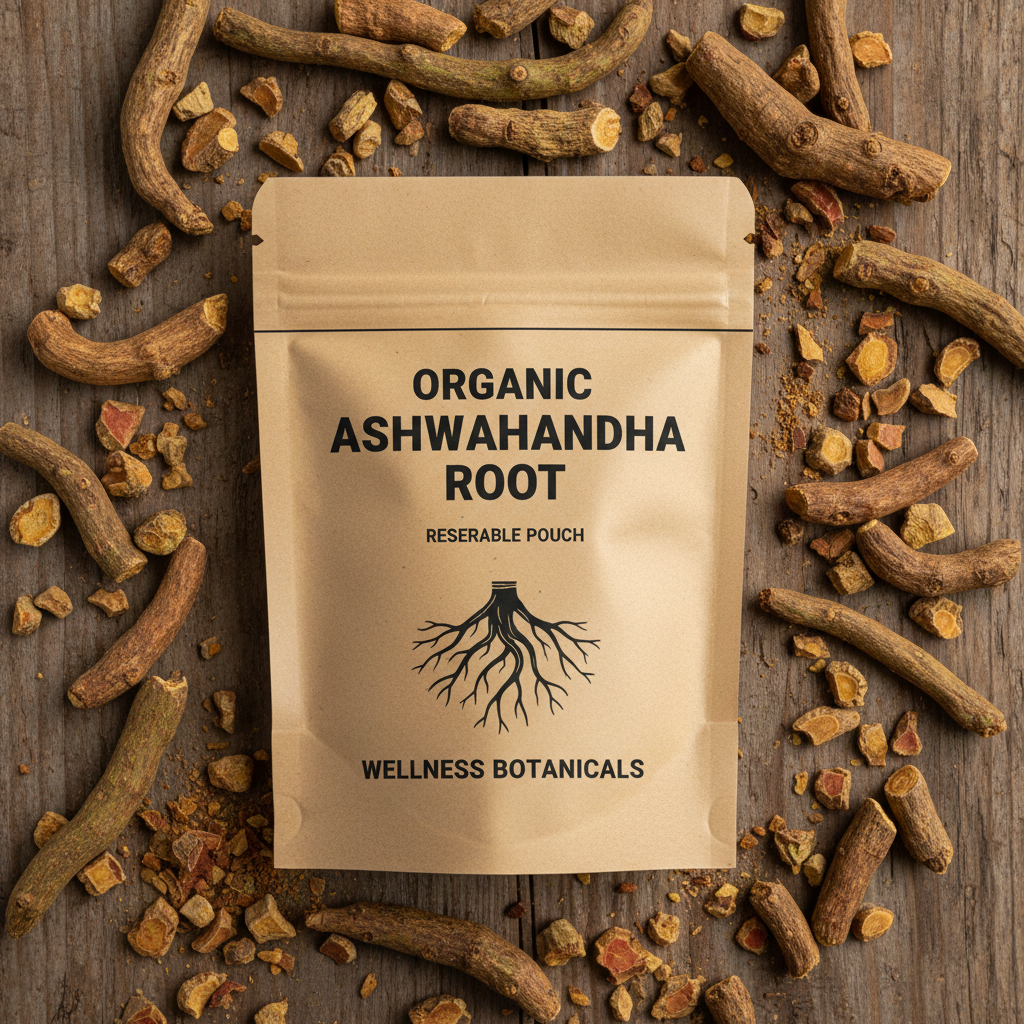 Organic Ashwagandha Root pouch bag with roots scattered on rustic wooden surface