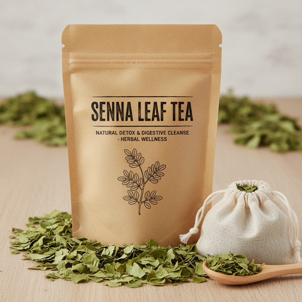 Senna Leaf Tea flat lay with dried senna leaves