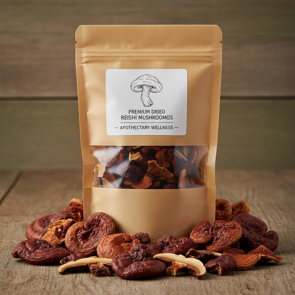Dried Reishi Mushrooms pouch bag with mushroom slices scattered on rustic wooden surface
