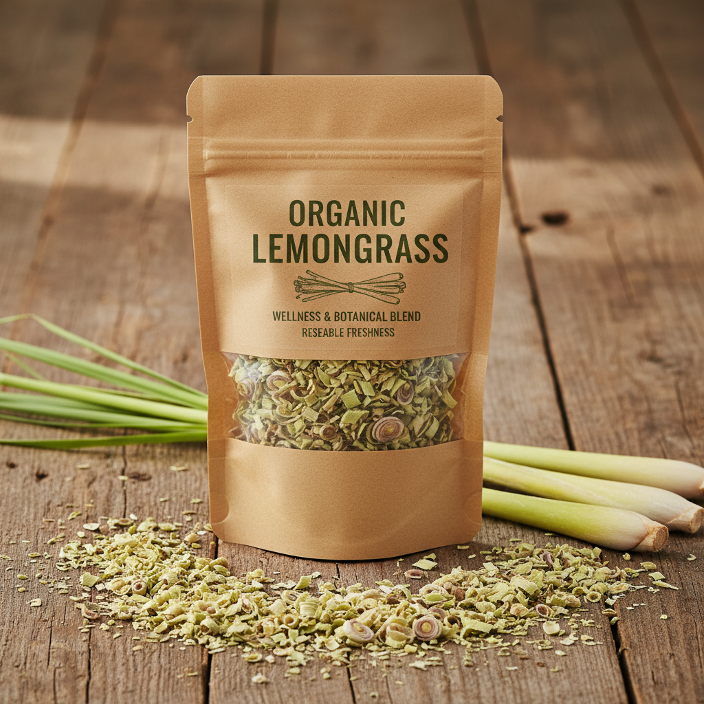 Organic Lemongrass pouch bag with lemongrass stalks scattered around on wooden surface