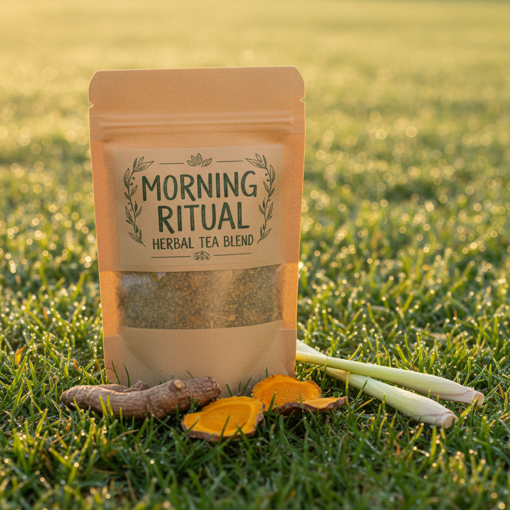 Morning Ritual Herbal Blend pouch bag outdoors with golden morning sunshine