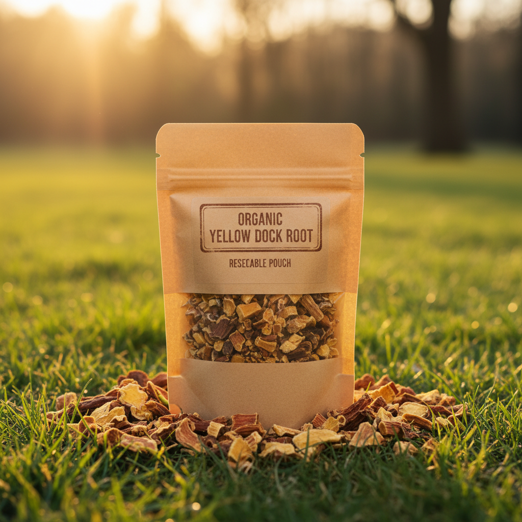Organic Yellow Dock Root in kraft paper pouch bag outdoors with golden sunshine