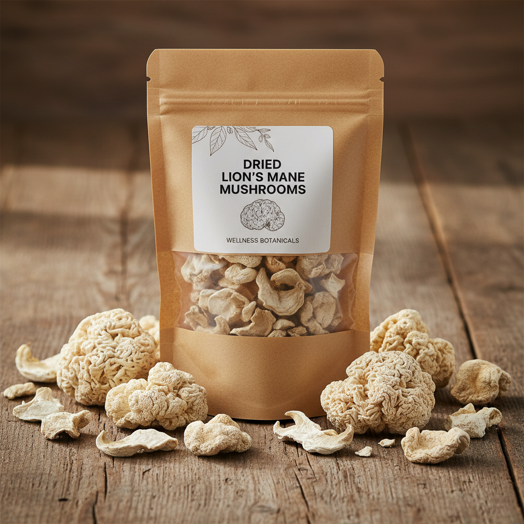 Dried Lion's Mane Mushrooms pouch bag with mushroom pieces scattered on rustic wooden surface