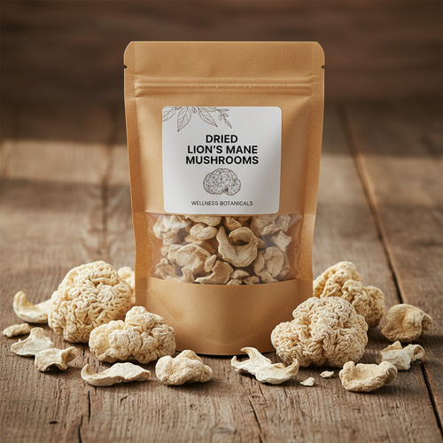 Dried Lion's Mane Mushrooms pouch bag with mushroom pieces scattered on rustic wooden surface