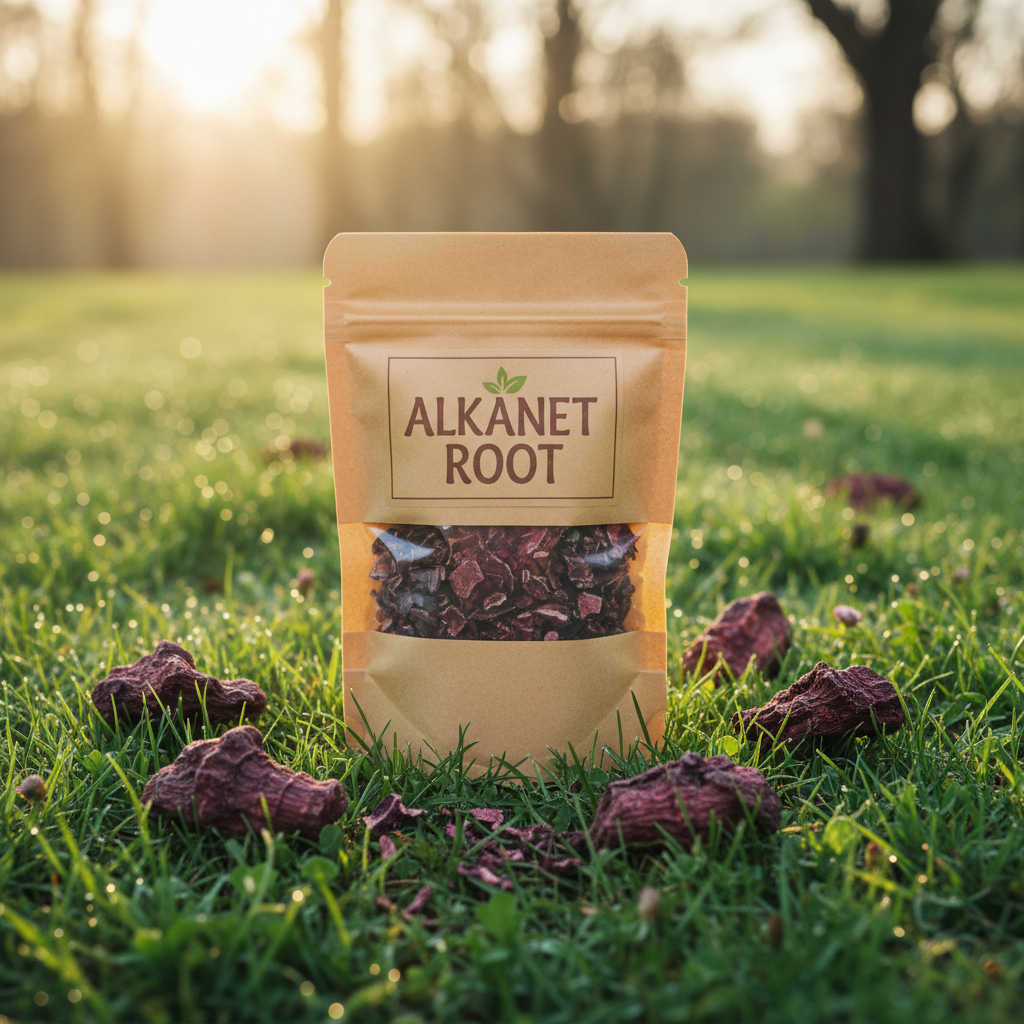 Alkanet Root in kraft paper pouch bag outdoors with golden sunshine