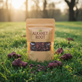 Alkanet Root in kraft paper pouch bag outdoors with golden sunshine