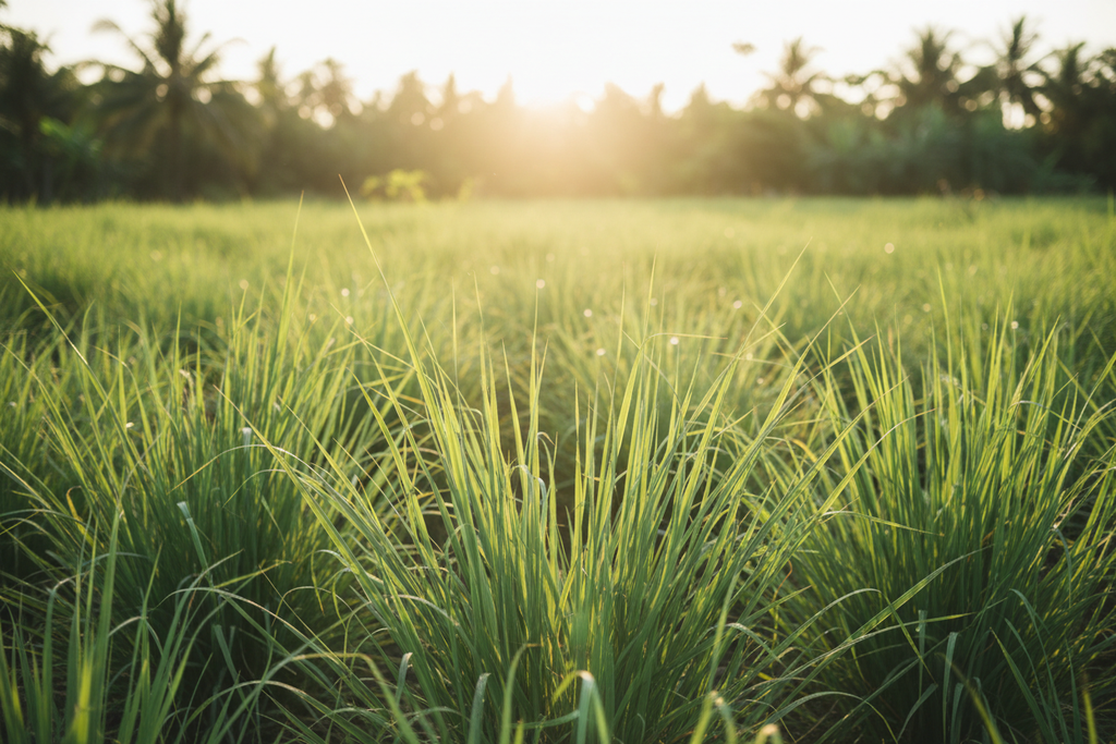 Organic Lemongrass growing in a sunny tropical field with golden sunshine