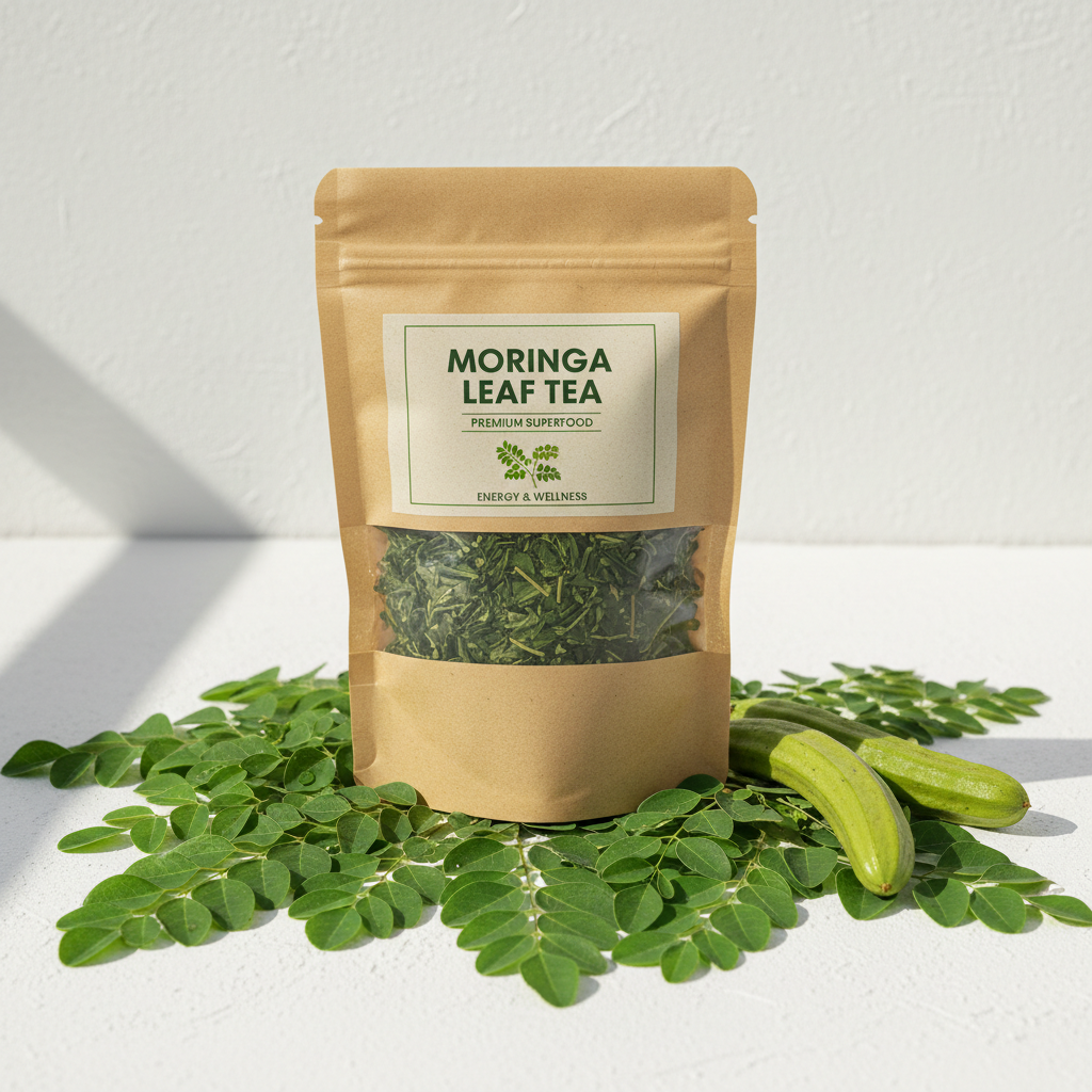 Moringa Leaf Tea flat lay with fresh green moringa leaves