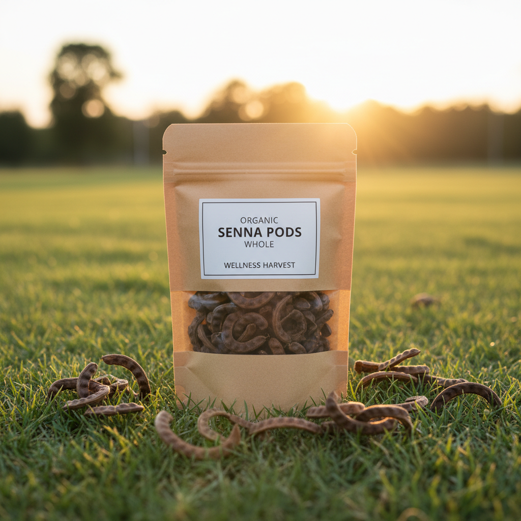 Organic Senna Pods Whole in kraft paper pouch bag outdoors with golden sunshine