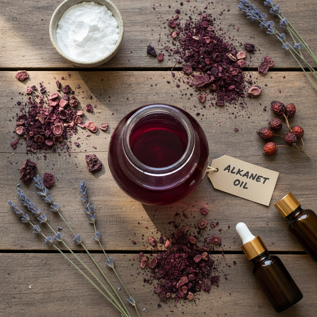 Alkanet root oil infusion showing rich red-purple color