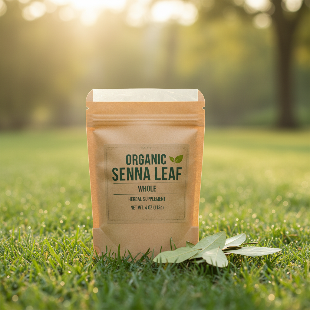 Organic Senna Leaf Whole in kraft paper pouch bag outdoors with golden sunshine