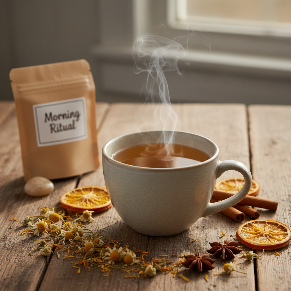 Morning Ritual Herbal Tea lifestyle steaming cup at sunrise