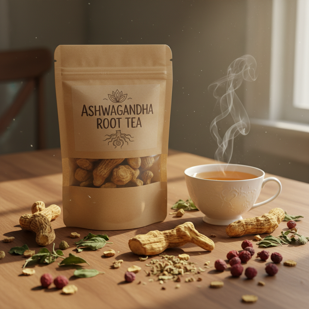 Ashwagandha Root Tea flat lay with dried roots and herbs