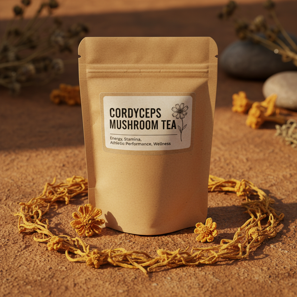 Cordyceps Mushroom Tea flat lay with golden cordyceps