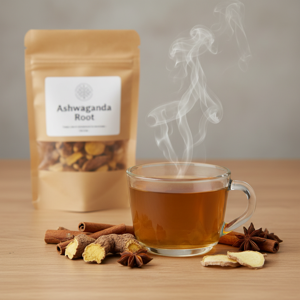 Ashwagandha Root Tea steaming cup lifestyle shot