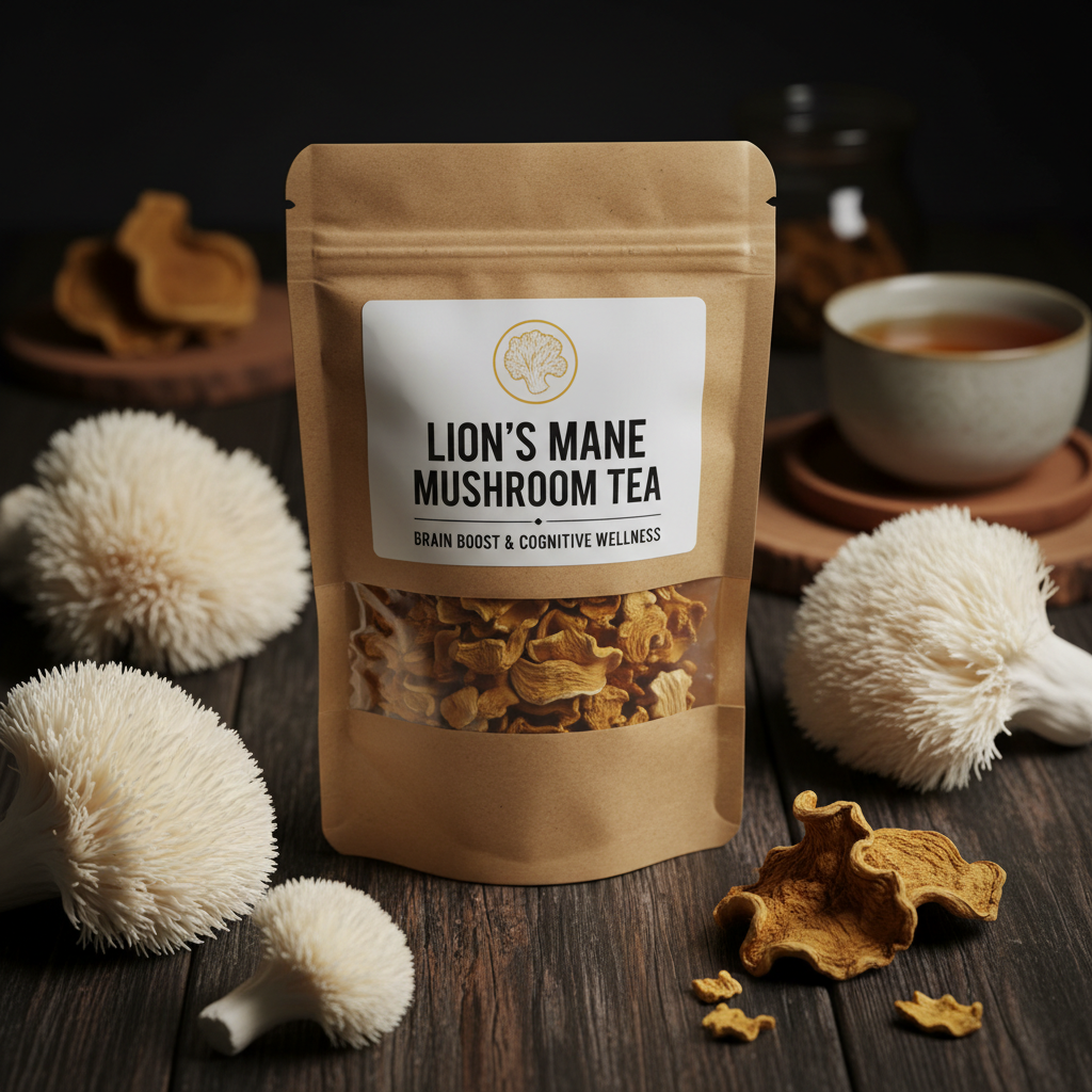 Lion's Mane Mushroom Tea flat lay with white fluffy mushrooms