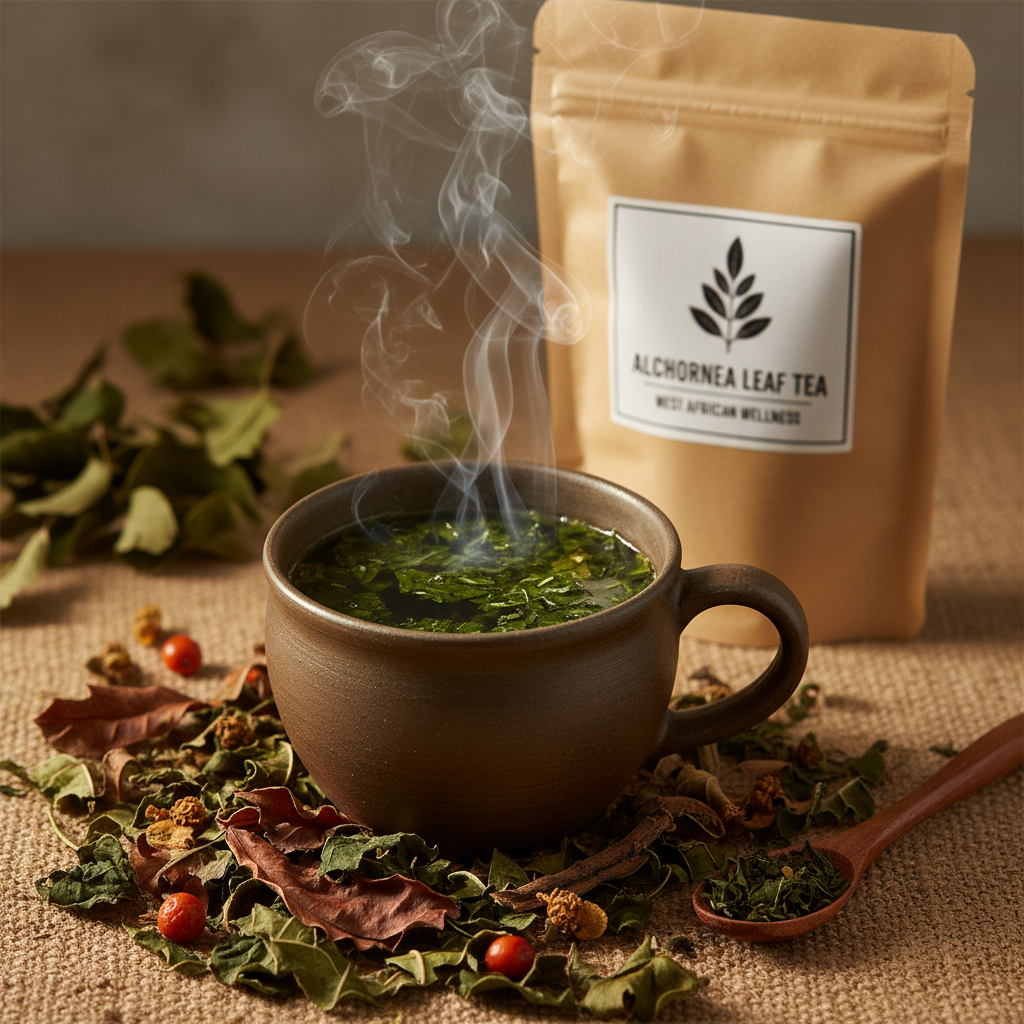 Alchornea Leaf Tea steaming cup lifestyle shot
