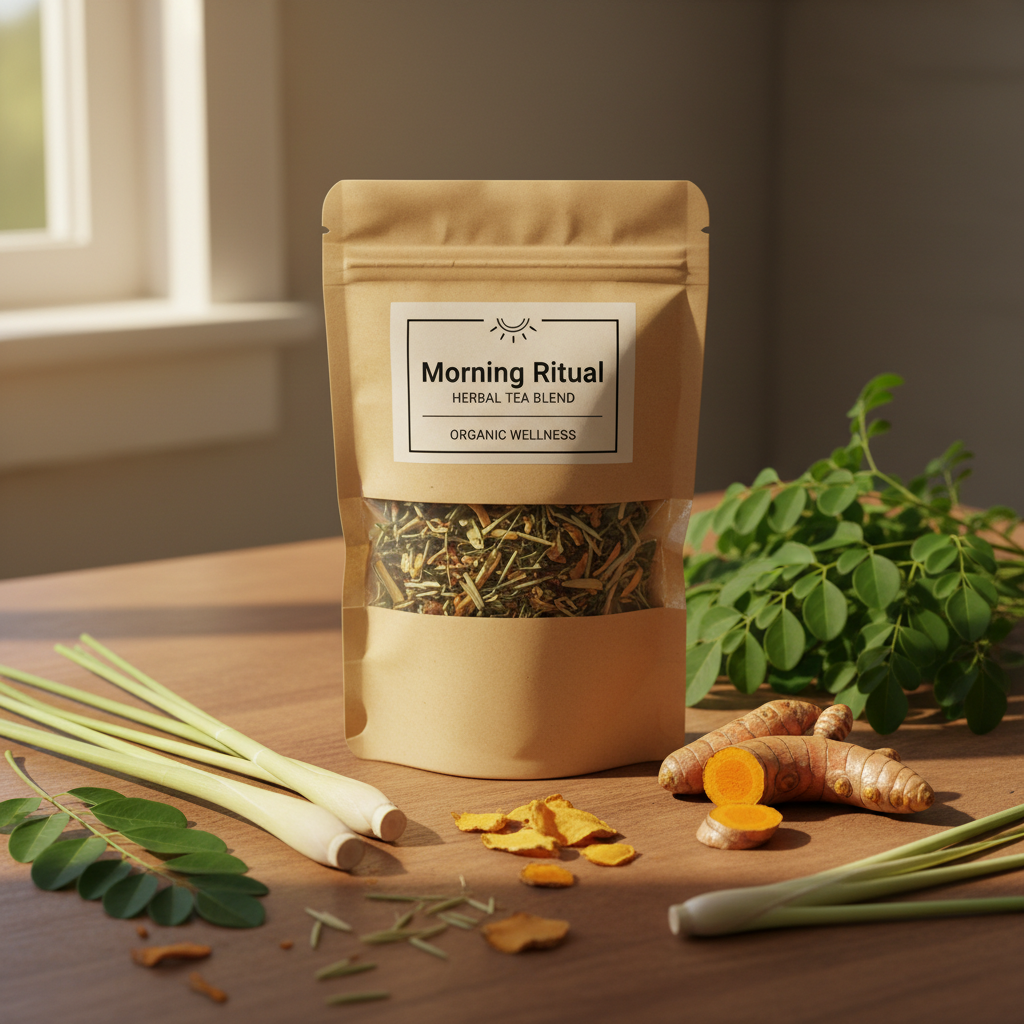Morning Ritual Herbal Tea flat lay with botanicals