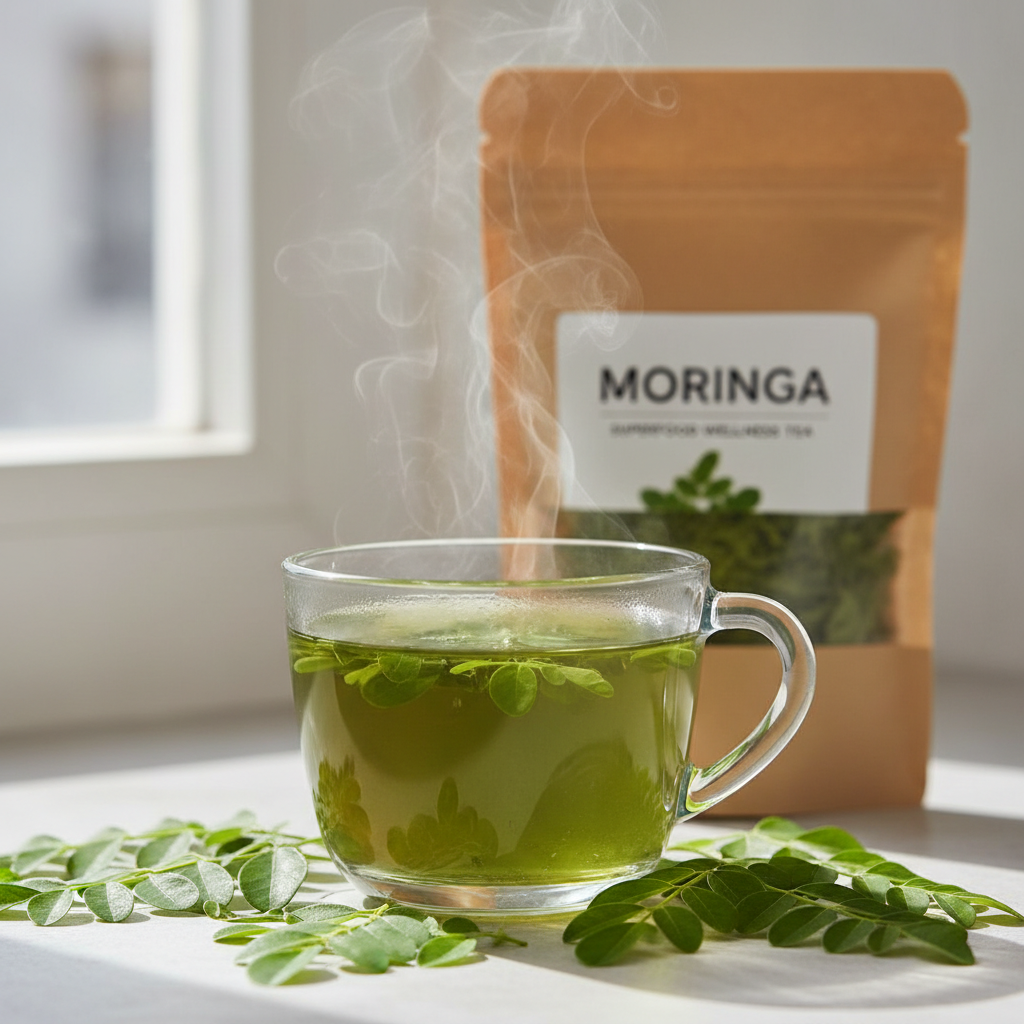 Moringa Leaf Tea steaming cup lifestyle shot