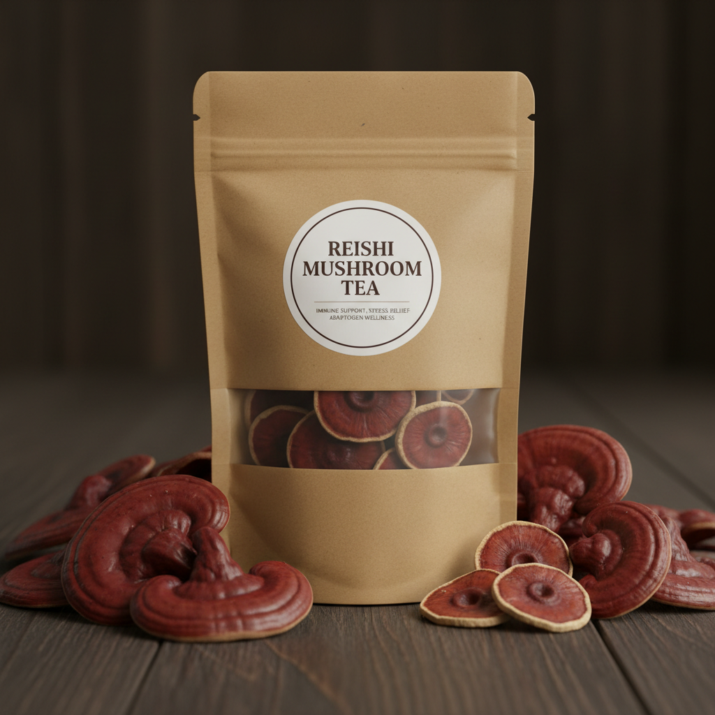 Reishi Mushroom Tea flat lay with dark red reishi mushrooms
