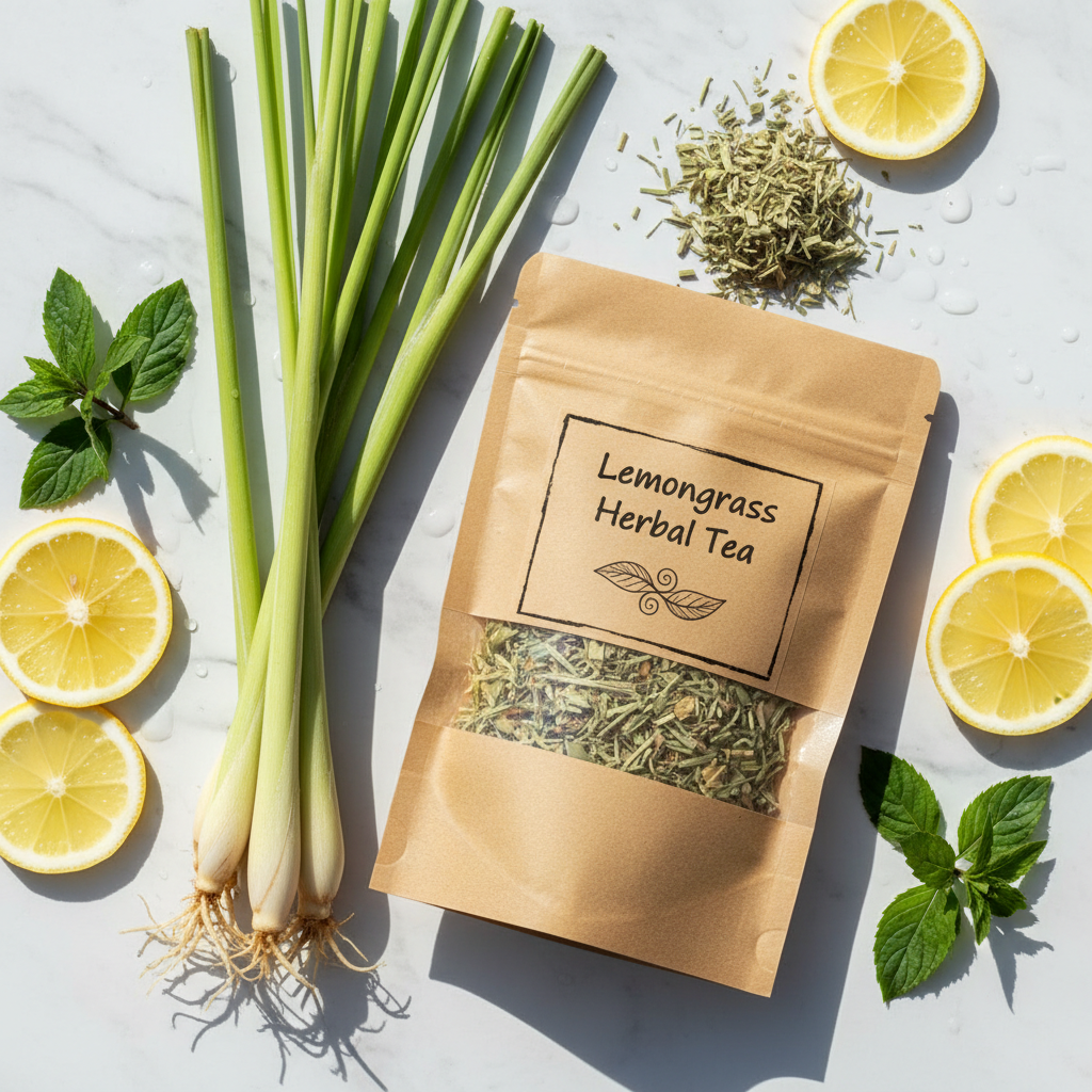 Lemongrass Herbal Tea flat lay with fresh lemongrass and lemon