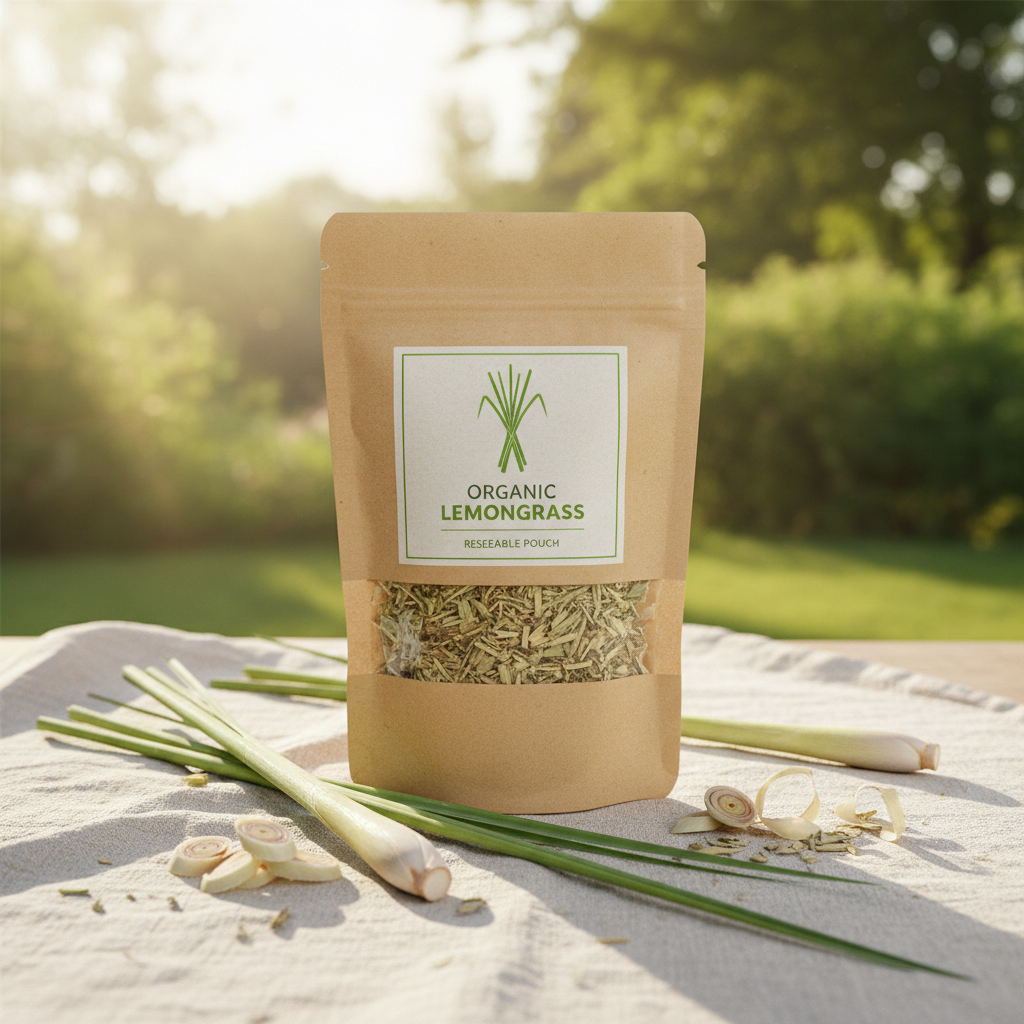 Organic Lemongrass kraft paper pouch bag outdoors on linen cloth with sunshine