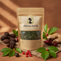 Alchornea Leaf Tea flat lay with West African botanicals