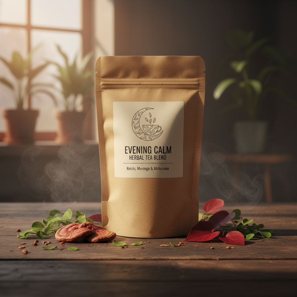 Evening Calm Herbal Blend pouch bag at dusk with reishi mushrooms and moringa leaves
