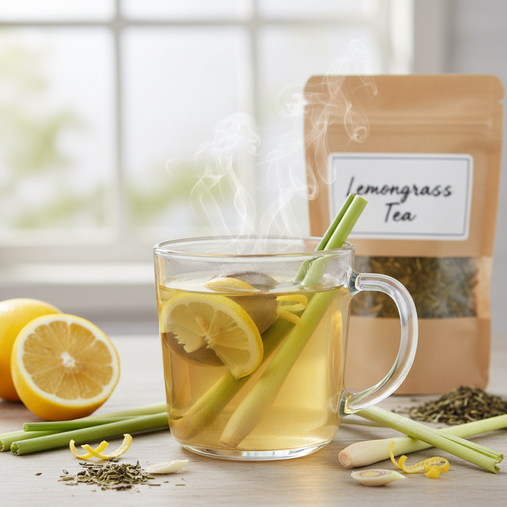 Lemongrass Herbal Tea steaming cup lifestyle shot