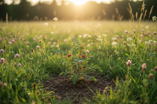 Organic Ashwagandha plant growing naturally with golden sunshine